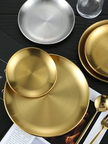 金色不銹鋼淺盤韓式烤肉盤餐廳創意圓盤小吃蛋糕平盤燒烤料理盤子