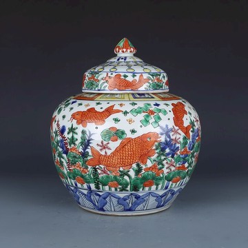 大明嘉靖五彩魚藻紋蓋罐 仿古瓷器古董真品古玩收藏