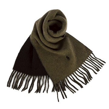 POLO Ralph Lauren刺繡小馬雙色流蘇羊毛混紡圍巾(軍綠/黑)780932-8｜GoBrand購名牌