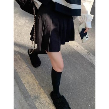 黑色百褶裙女秋季2025新款高腰顯瘦大碼a字短裙毛呢小個子半身裙