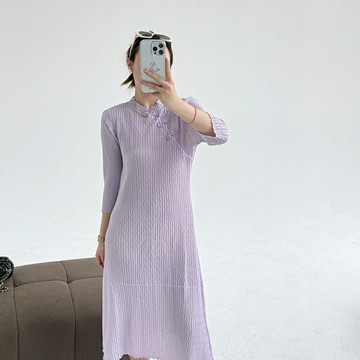 【巴黎精品】現貨+預購 三宅風皺褶衣服旗袍褶皺長裙連身裙褶衣摺衣彈力女裝顯瘦折衣大碼-七分袖3色a1jb82