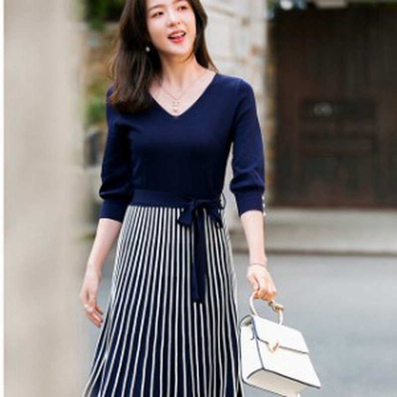 ｖネック 40代 切り替え 春 ワンピース プリーツ 半袖 ニットワンピース ウエストリ 夏 レディース ａライン 30代 ミモレ丈 サマーニット 通販 Lineポイント最大get Lineショッピング
