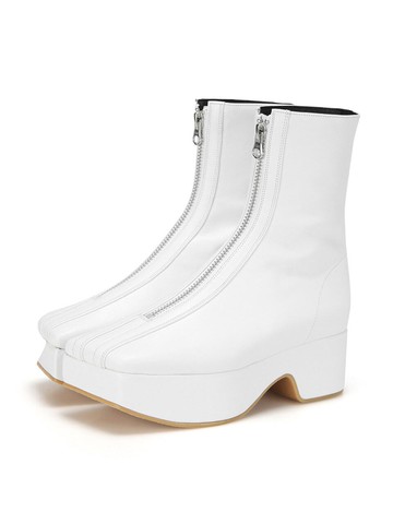 Squared Toe Zip Front Ankle Boots_White