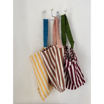 鮑小魚2025新款韓國ins風休閑文藝條紋單肩帆布包媽咪包大購物包