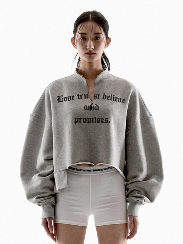 NEVER DIPLOMA UNBALANCED RAW EDGE CROP SWEATSHIRTS [MELANGE]