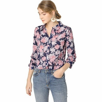 Allegra K 花柄シャツ レディース 長袖 ブラウス ボタン トップス 薄手 ディープブルー Xs 通販 Lineポイント最大get Lineショッピング