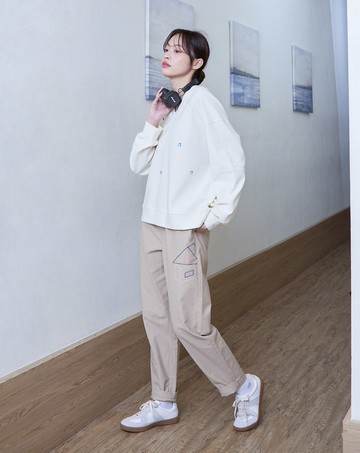 房子線條繡花鬆緊長褲(兩色)