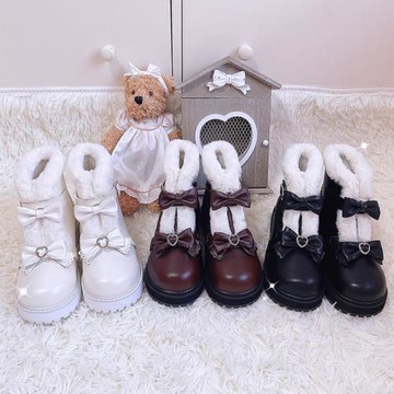 小熊暖暖原創lo鞋女冬季加絨lolita靴子防滑加厚圓頭洛麗塔雪地靴