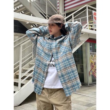 川川也美式復古POLO衫格子長袖襯衫男女外搭街頭寬松磨破上衣秋裝