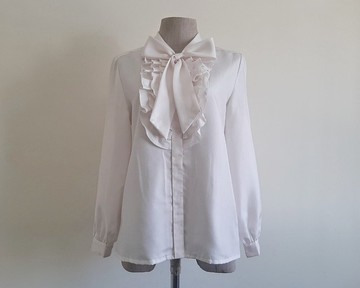 復古淺粉色荷葉邊襯衫 女款長袖蝴蝶領結上衣 S號