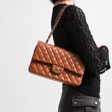 Chanel 香奈兒 雙C菱格羊皮金鍊翻蓋斜背包-25cm(A01112-焦糖棕)