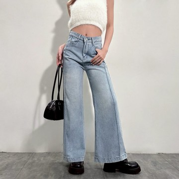 側直條牛仔寬褲-藍【KT201750】