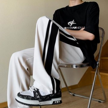 褲子男款春秋新款潮流條紋拼接運動褲垂感寬松直筒西褲男士休閑褲