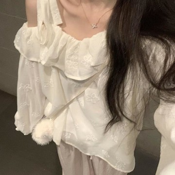 ♡ 𝑪𝒉𝒊𝒄 𝒖 ♡秋季新款女韓系甜美露肩荷葉寬鬆襯衫慵懶風長袖遮肉襯衣上衣