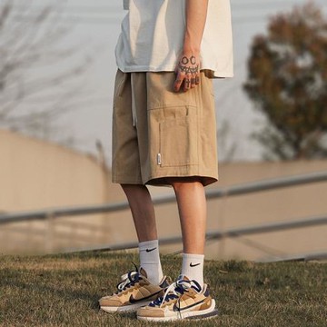 卡其色工裝短褲男士夏季寬松胖子大碼休閑中褲日系潮牌過膝五分褲