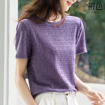 初色 簡約休閒肌理感輕薄寬鬆百搭圓領短袖T恤上衣女上衣-共2色-12222(M-2XL可選/現貨+預購)