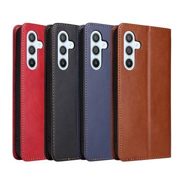 Fierre Shann 真皮紋 Samsung S23 FE (6.4吋) 錢包支架款 磁吸側掀 手工PU皮套保護殼