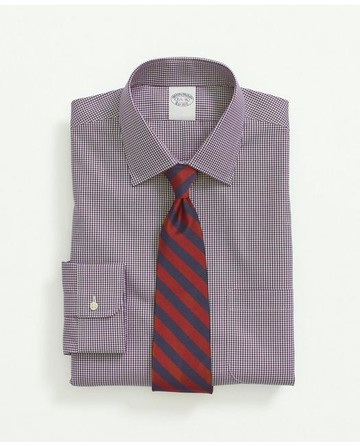 Brooks Brothers Men's Stretch Supima Cotton Non-Iron Pinpoint Oxford Ainsley Collar, Gingham Dress Shirt | Purple | Size 15 33