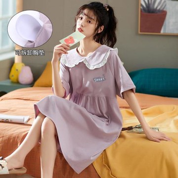 帶胸墊睡裙2024年新款夏季可外穿純棉短袖睡衣女士夏天薄款家居服