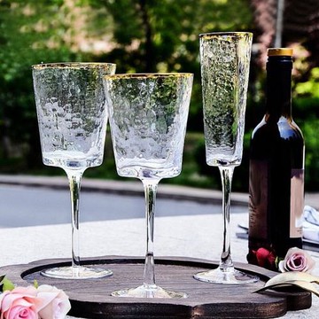 輕奢酒杯樣板房高檔紅酒杯裝飾杯錘紋金邊香檳杯高腳杯水晶玻璃杯