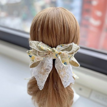 獨家蕾絲蝴蝶結相交夾香蕉夾仙女夾髮夾-黃色小花