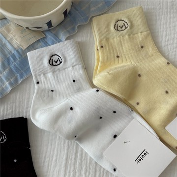 平價衣著 刺繡棉質短襪 狗狗刺繡短襪 點點短襪 學生襪 透氣 動物 日系 文青襪 動物襪 可愛襪 狗狗襪 白色襪子