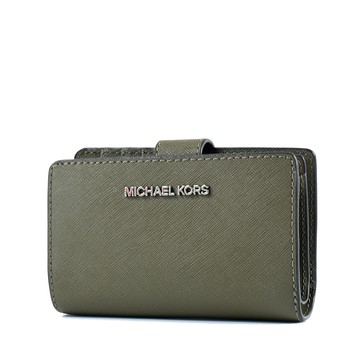 MICHAEL KORS 銀字LOGO素面防刮皮革釦式中夾-橄欖綠