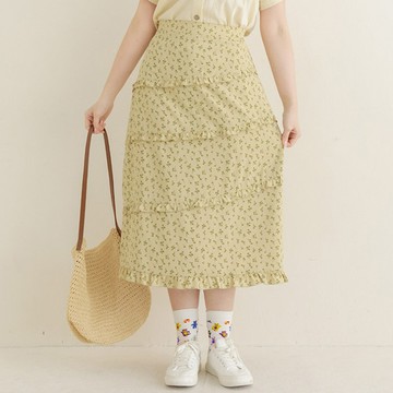 【PolyLulu】 MORI.清新森林感碎花後鬆緊蛋糕長裙 中大尺碼裙子 綠色