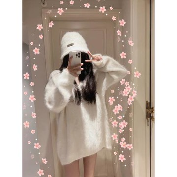 新款長毛水貂絨毛衣女中長款慵懶風寬松貂毛針織厚小鹿家