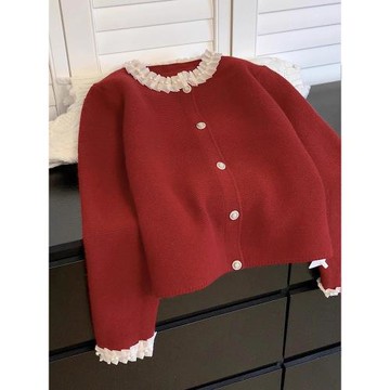 新年紅色小香風毛衣外套女早秋小個子本命年秋裝針織開衫內搭上衣