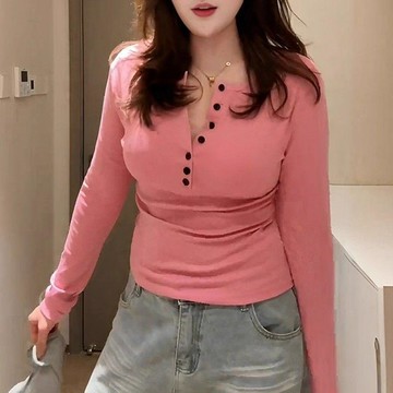 【吉野姐姐】大碼女裝 早秋穿搭 半開領長袖T恤 胖mm顯瘦遮肉內搭長袖上衣 打底衣 素色長袖 長袖t恤 薄長袖 大碼上衣