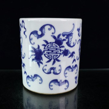 清晚期青花民窯福在眼前筆筒 古玩景德鎮仿古瓷器筆筒收藏品擺件
