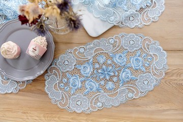【禮盒禮物】華麗玫瑰水溶鏤空蕾絲桌巾-天空藍(精緻11/豪華12件)
