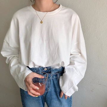 韓范學院風純色上衣基礎開叉秋裝長袖T恤中長款打底衫圓領上衣女1入