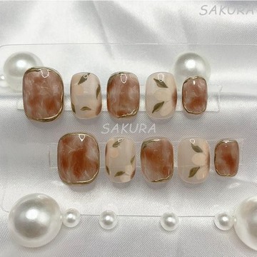🎀台灣出貨🎀冰茶花純手工美甲貼片成品奶咖暈染冰透穿戴甲指甲片ins法式