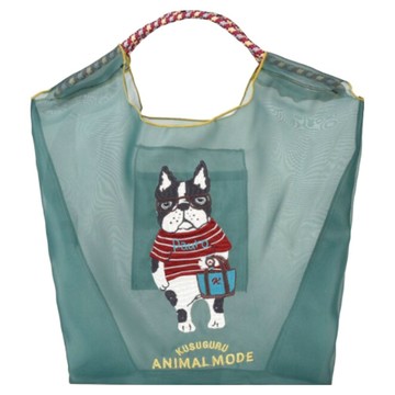 kUSUgURU JAPAN 日本眼鏡貓 Animal Mode系列 緹花繩手柄刺繡 傘繩購物包/網紗提包  32.5 x 41 x 13cm  綠色