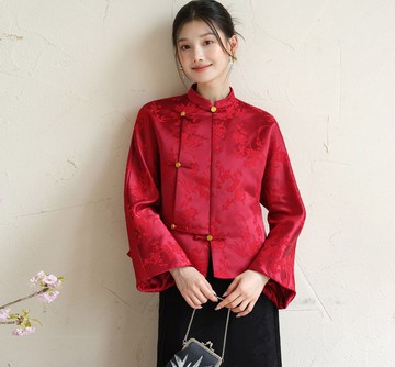 【納福紅裳】新中式復古風 絨花貴氣短外套/半裙