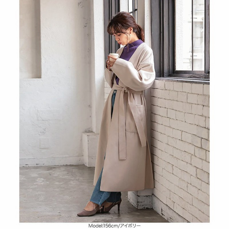 神戸レタス ベルト付きノーカラーサイドスリットライトコート K939 レディース ロング 長袖 大人 ゆったり きれいめ 白 黒 秋冬 アウター コート ロングコート コーディガン ガウンコート ノーカラーコート ライトコート ベルト付き おしゃれ パープル フリー
