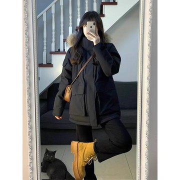 美式高級感派克服棉服加厚黑色連帽外套女冬季2024新款棉襖夾棉衣