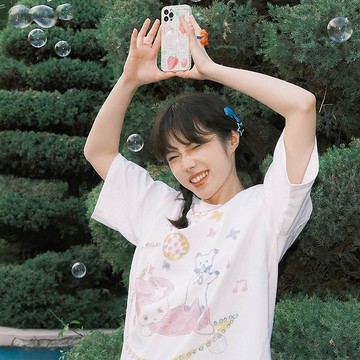 Meugler牛稠島 動物天堂 海豚月亮卡通手繪印花情侶白色半袖