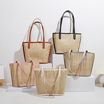 女士手提包2023夏新款時尚單肩包草編子母包休閑托特包女包水桶包