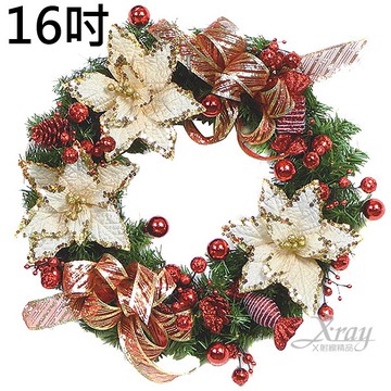 16吋成品樹圈(紅奶白)，聖誕節/聖誕佈置/聖誕掛飾/聖誕裝飾/聖誕吊飾/聖誕花材/ 聖誕佈置裝飾推薦，X射線【X102811】
