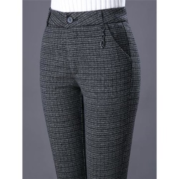 毛呢格子褲女秋冬2022寬松高腰直筒褲媽媽大碼休閑褲加絨加厚長褲