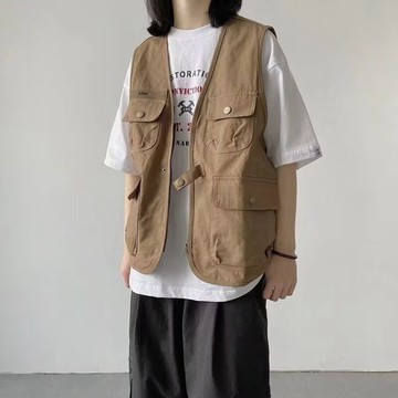 日系高街復古工裝馬甲外套 美式多口袋百搭背心無袖無袖小外套上衣