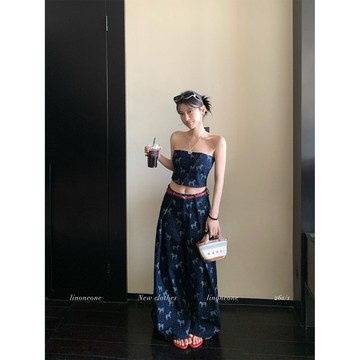 發財小馬 韓系平口上衣女+牛仔褲女 休閒套裝女 提花打攬抹胸 寬鬆闊腿褲 藍色短版上衣 藍色牛仔褲 度假穿搭 夏天女裝