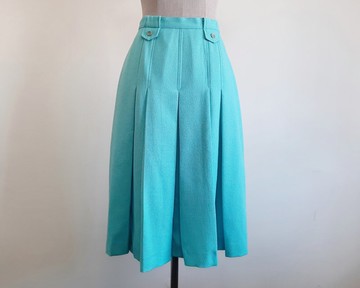 復古藍色打褶中長裙 女款 聚酯纖維 A字 高腰 XS 25吋腰圍