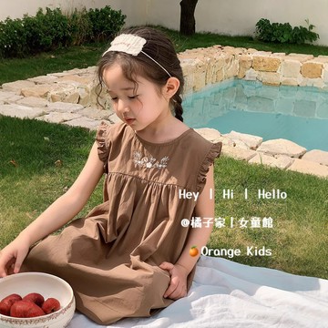 Orange Kids🍊【90-140】女童洋裝 兒童繡花公主裙 女童法式裙子 甜美荷葉袖連身裙 女寶夏裝韓版童裝女童裝