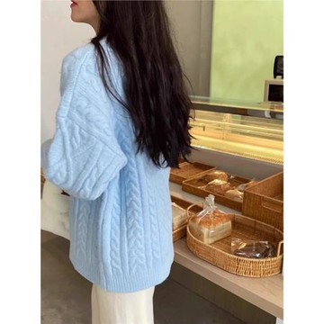 溫柔系秋冬軟糯百搭奶藍色圓領麻花寬松套頭毛衣慵懶風外穿加厚女