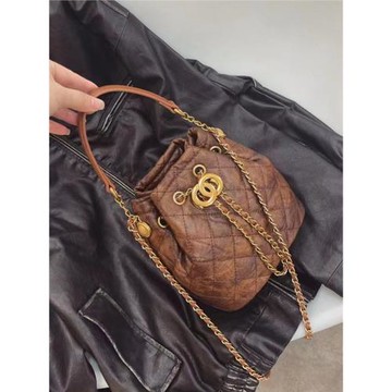 復古水桶包女2025新款潮小眾真皮小香風菱格鏈條包時尚單肩斜挎包
