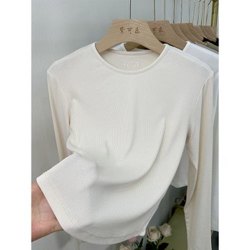 韓系小圓領簡約長袖T恤2023秋冬新款女時尚彈力螺紋弧形打底衫